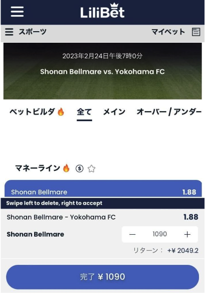 ブックメーカーの賭け手順の例(リリベット)